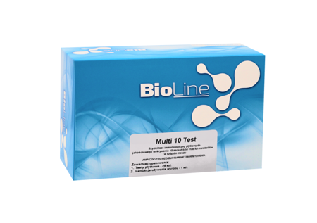 Test narkotykowy z moczu - 10 parametrów - AMP, COC, THC, BZO, BUP, BAR, MET, MOR, MTD, MDMA - BioLine Multi 10 Test - w opakowaniu 5 lub 25 testów